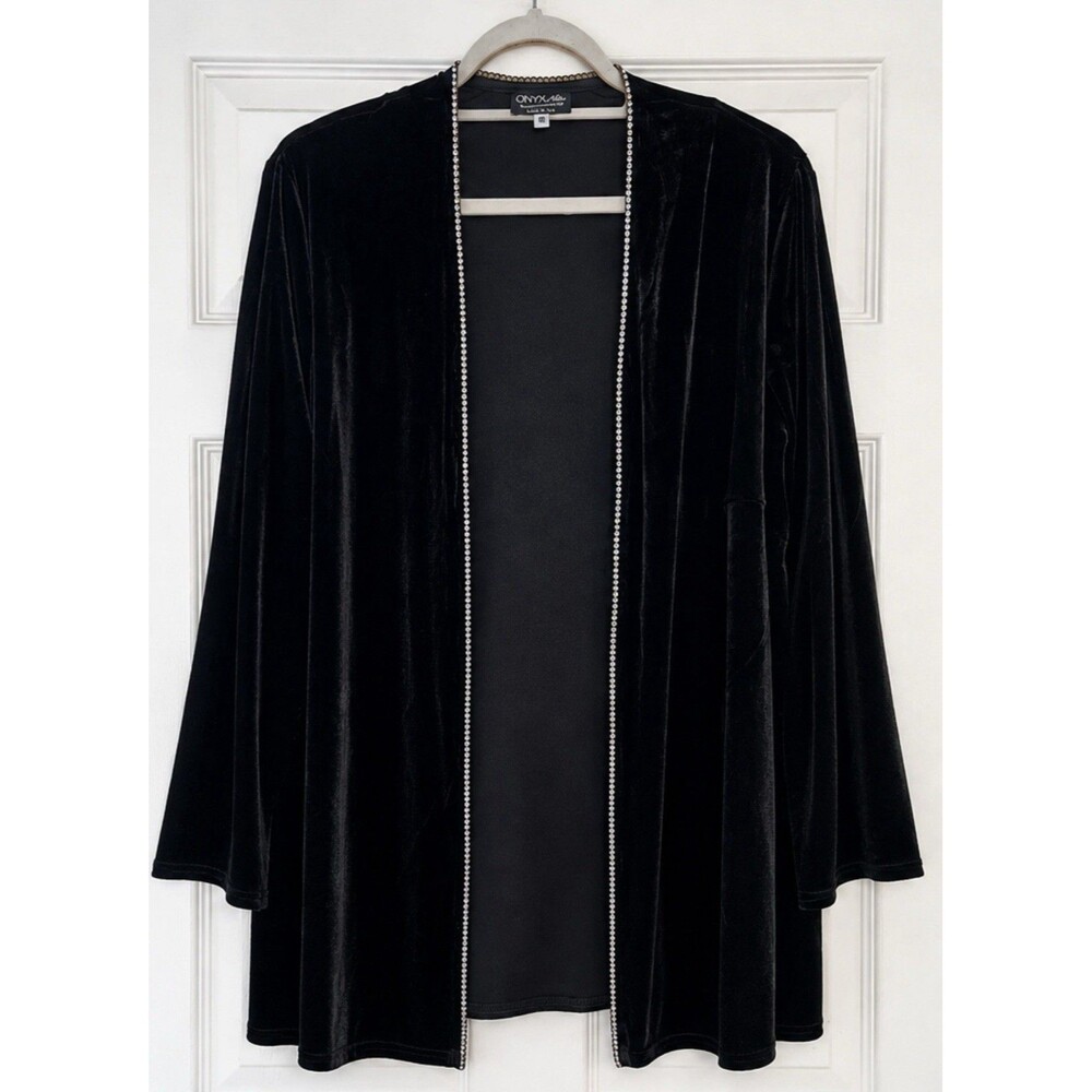 Vtg 90s Onyx Nite Black Velvet Genuine Rhinestone Jacket Cardigan Plus Size 18